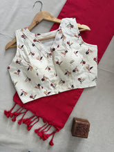 Red Handloom Cotton Saree With Printed Redy Made Blouse